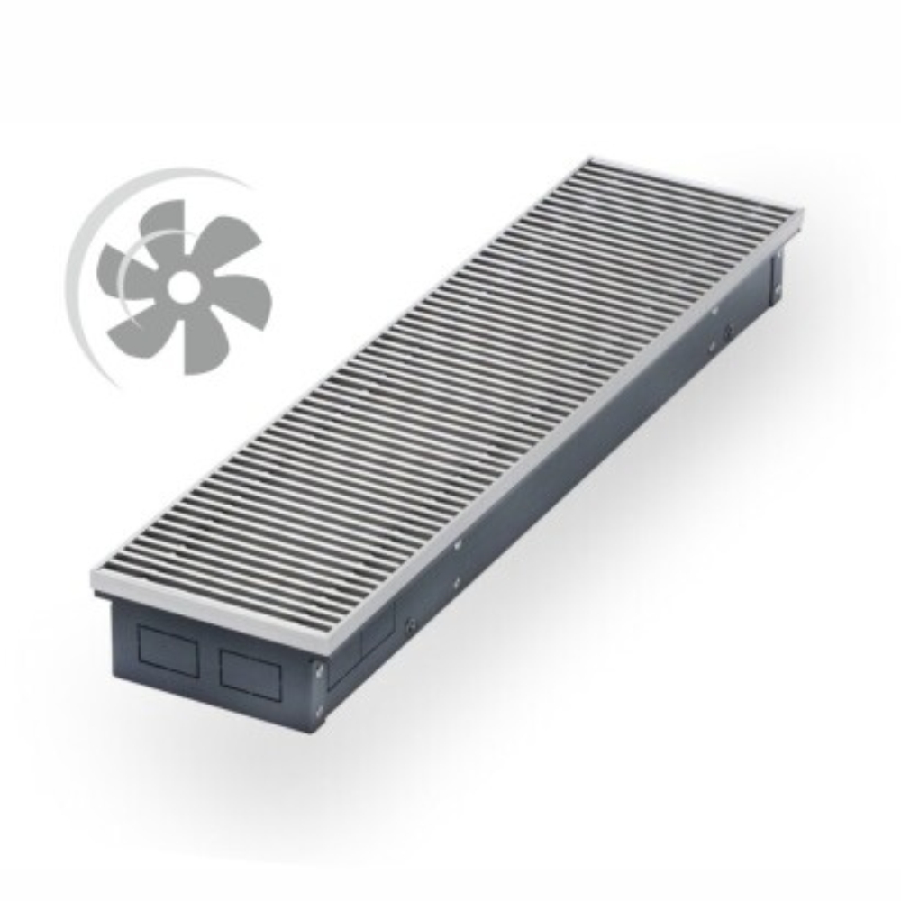 Внутрипольный конвектор Профкаст (Россия) с вентилятором + решетка из анодированного алюминия СЕРЕБРО