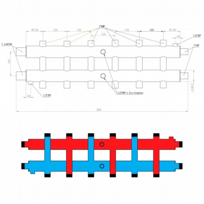 Коллектор распределительный GK 32-7 AISI 304 Proxytherm (Россия) 7 контуров + крепеж стеновой